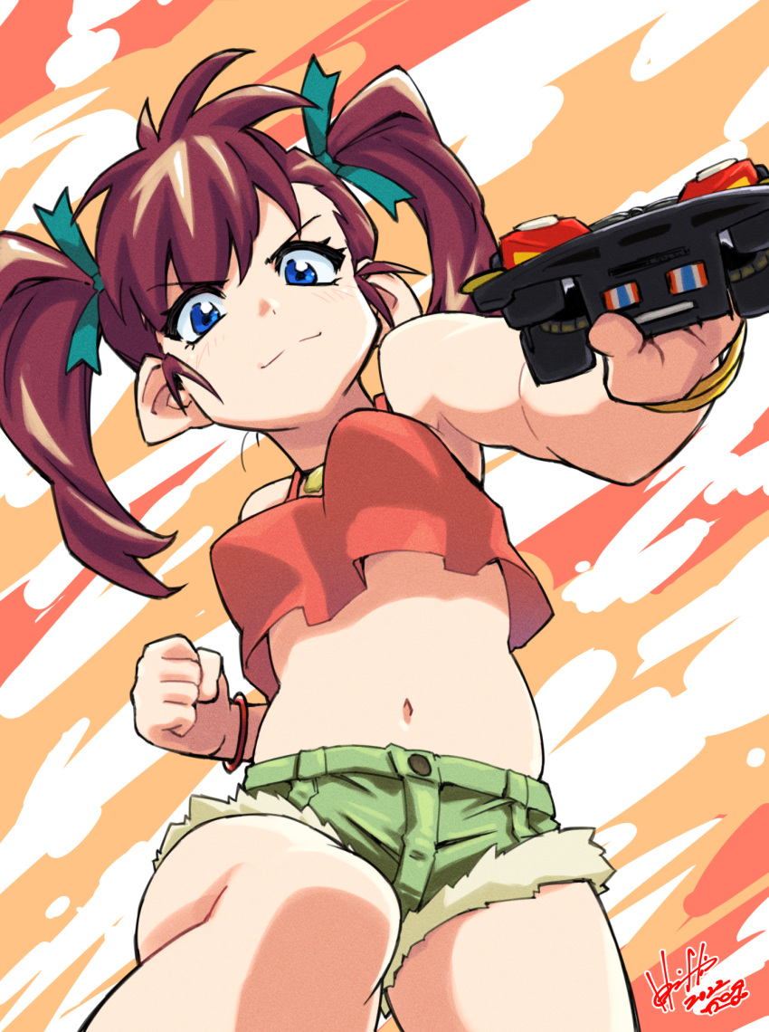 bakusou_kyoudai_let's_&_go!! bakusou_kyoudai_let's_&_go!!_max blue_eyes bracelet breasts commentary female fire_stinger from_below highres holding holding_toy hori_shin jewelry long_hair looking_at_viewer medium_breasts midriff mini_4wd navel necklace oogami_marina orange_background red_hair short_shorts shorts signature sleeveless smile solo toy toy_car twintails upper_body