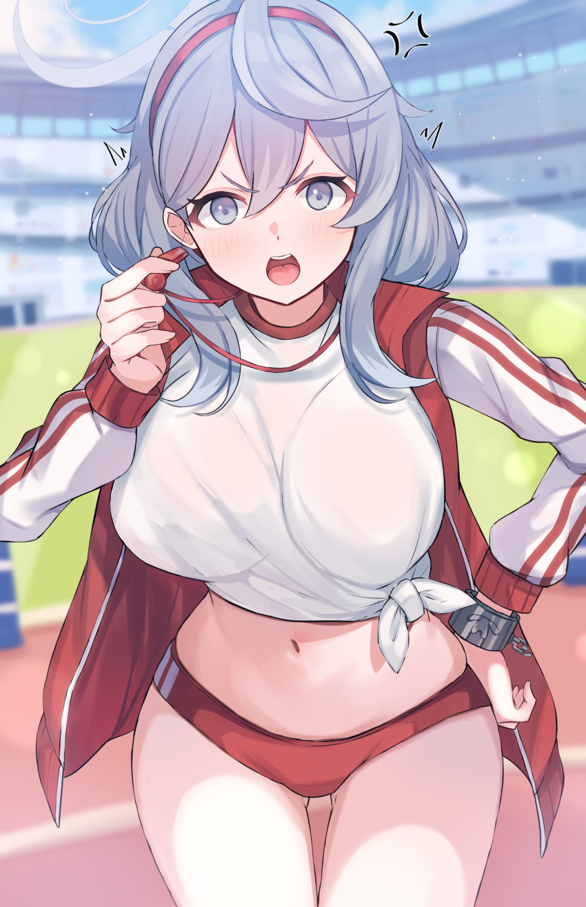 ako_(blue_archive) ako_(track)_(blue_archive) anger_vein blue_archive blue_eyes blue_hair blurry blurry_background blush breasts buruma commentary_request cowboy_shot female gym_shirt gym_uniform hair_between_eyes hairband halo highres jacket large_breasts long_hair long_sleeves looking_at_viewer mi_taro333 navel official_alternate_costume open_clothes open_jacket open_mouth red_buruma red_hairband shirt solo track_jacket whistle whistle_around_neck white_shirt