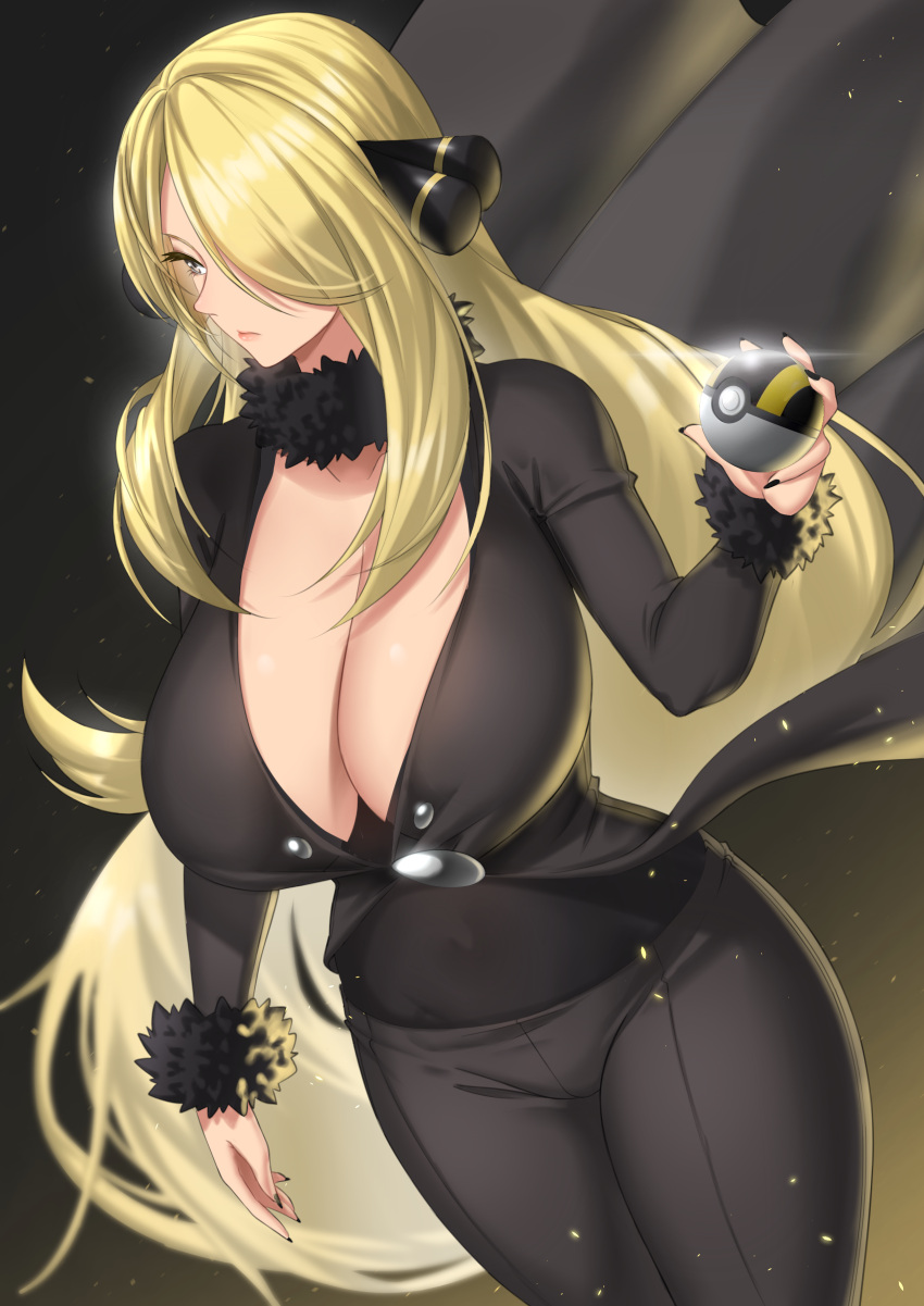 absurdres anima_(togashi) black_nails black_pants black_shirt blonde_hair breasts cleavage closed_mouth curvy cynthia_(pokemon) eyelashes female floating_hair fur-trimmed_sleeves fur_collar fur_trim grey_eyes hair_ornament hair_over_one_eye hand_up highres holding holding_poke_ball large_breasts lips long_hair long_sleeves looking_to_the_side md5_mismatch mixed-language_commentary pants poke_ball pokemon pokemon_dppt shirt solo thighs ultra_ball very_long_hair