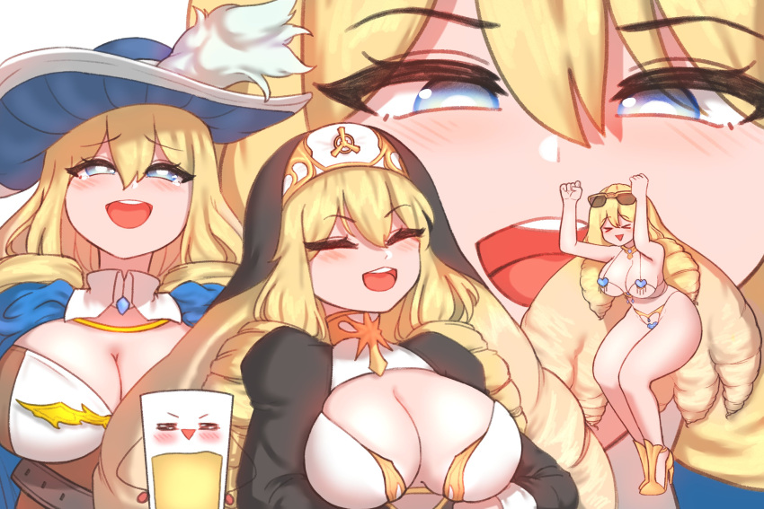 >_< alcohol arms_up beer blonde_hair blue_eyes blue_headwear blush breasts charlotte_(last_origin) cleavage closed_eyes curly_hair dress drill_hair eyewear_on_head female gm_orangeade habit hair_between_eyes hat high_heels highres jewelry kim_aendeo korean_commentary large_breasts last_origin laughing laughing_tom_cruise_(meme) long_hair long_sleeves meme multiple_views nun official_alternate_costume open_mouth photo-referenced puffy_long_sleeves puffy_sleeves revealing_clothes simple_background smug sunglasses tears teeth upper_teeth_only very_long_hair white_background yellow_footwear