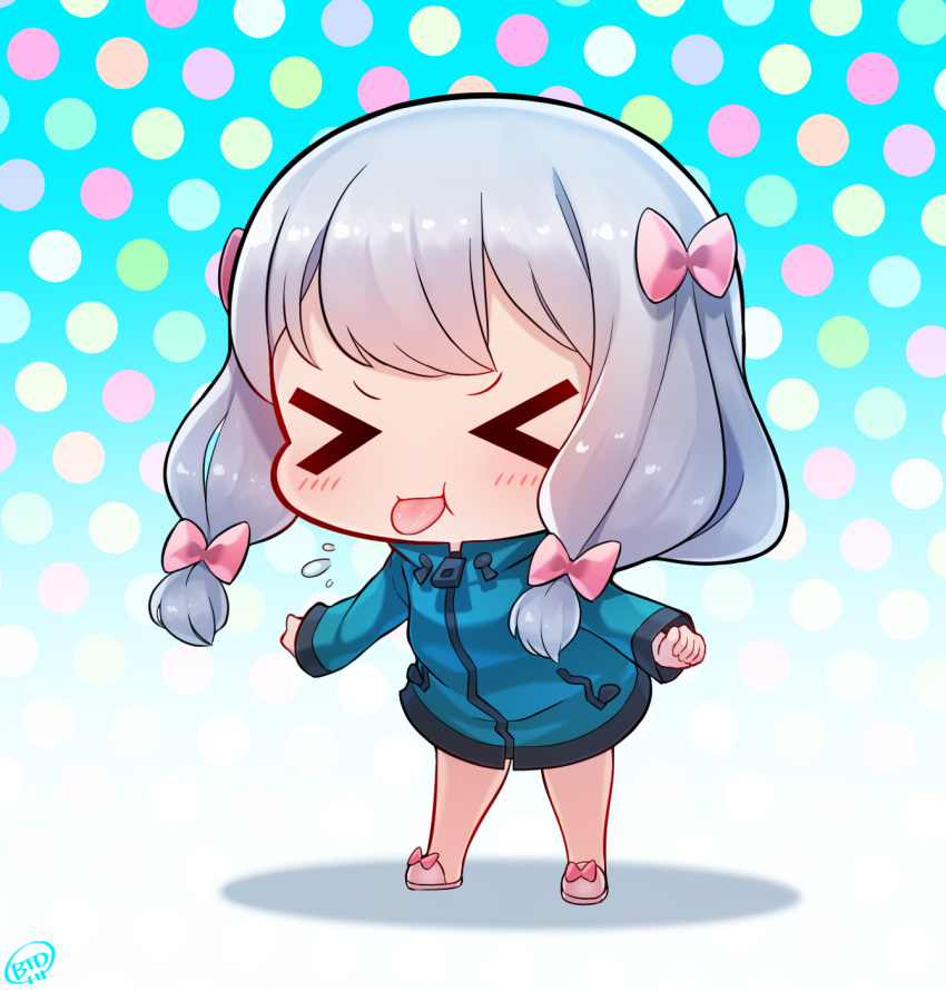 >_< :p blue_background blue_jacket blush born-to-die bow chibi commentary english_commentary eromanga_sensei female full_body gradient_background grey_hair hairbow highres izumi_sagiri jacket long_hair long_sleeves mixed-language_commentary pink_bow polka_dot polka_dot_background solo tongue tongue_out