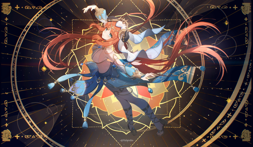 absurdres aqua_eyes arm_up bare_shoulders black_background blue_gemstone blue_skirt bracer breasts brooch circlet closed_mouth crop_top dancer fake_horns female floating_hair full_body gem genshin_impact gladiator_sandals gold_footwear gradient_background harem_outfit highres horns jewelry legs light_blush long_hair long_sleeves looking_at_viewer medium_breasts neck_ring nilou_(genshin_impact) outstretched_arm puffy_long_sleeves puffy_sleeves red_hair sandals sidelocks skirt smile solo toes twintails twitter_username veil very_long_hair vision_(genshin_impact) yolanda