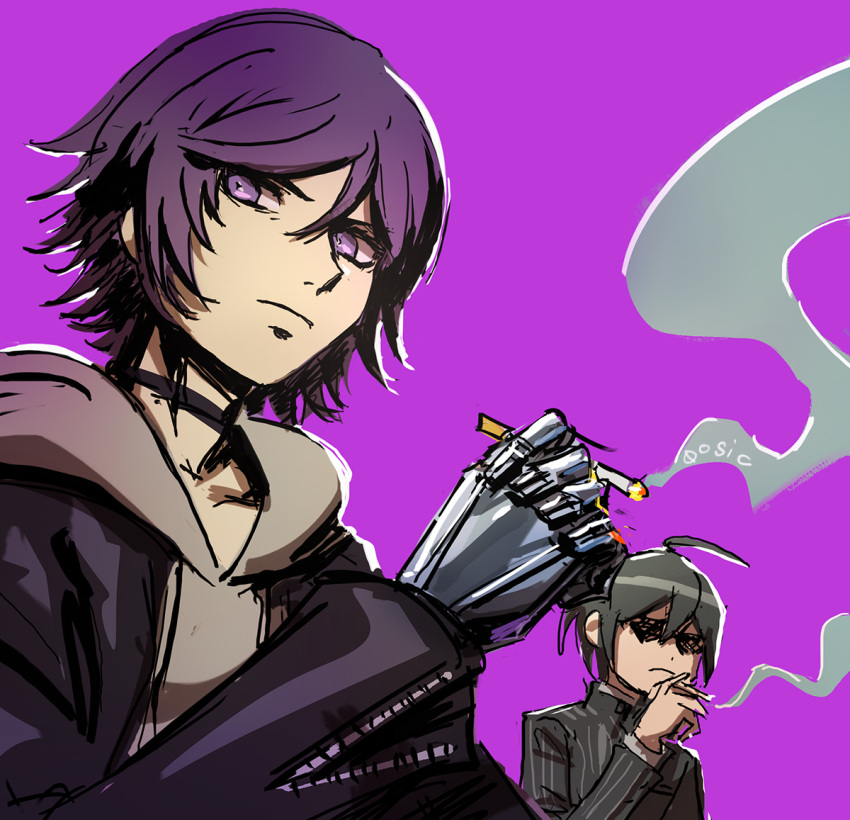 2boys ahoge akudama_drive black_choker black_hair black_jacket choker cigarette commentary courier_(akudama_drive) danganronpa_(series) danganronpa_v3:_killing_harmony hair_between_eyes holding holding_cigarette hood hoodie jacket long_sleeves looking_at_viewer male_focus multiple_boys qosic saihara_shuichi short_hair simple_background smoking striped_clothes striped_jacket