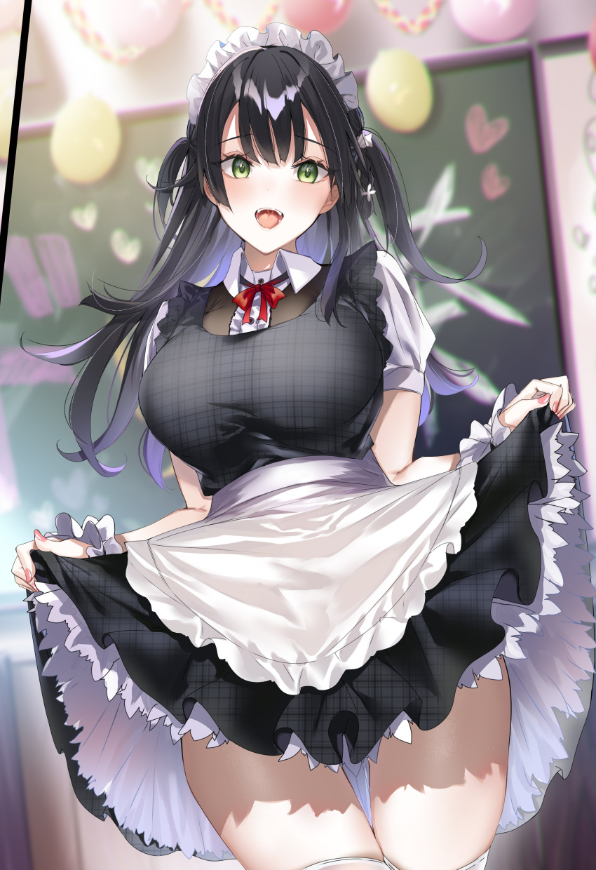 absurdres apron balloon black_dress black_hair blurry blurry_background bow braid breasts buttons chalkboard collared_shirt cowboy_shot dress female green_eyes hairbow highres hitotsuba_kaede indoors kakao_(chocolate_land) large_breasts long_hair looking_at_viewer maid maid_headdress neck_ribbon novel_illustration official_art open_mouth pink_nails red_ribbon ribbon ryoushin_no_shakkin shirt short_sleeves skirt_hold solo standing thighhighs two_side_up waist_apron white_apron white_bow white_shirt white_thighhighs zettai_ryouiki