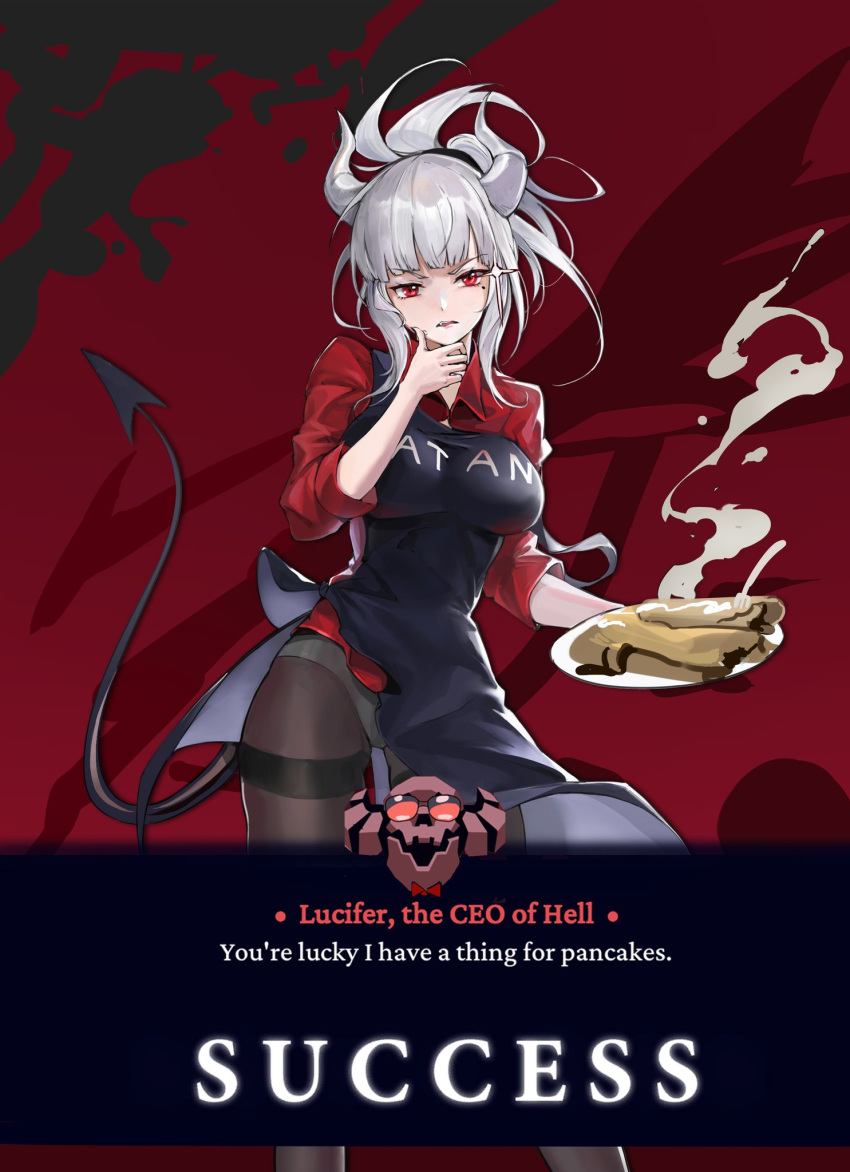 apron black_apron black_tail blunt_bangs breasts brown_pantyhose chocolate copyright_name crepe demon_girl demon_horns demon_tail english_text female food food_on_face glorious_success goti_(gotie23) grey_hair helltaker highres horns large_breasts legs long_legs lucifer_(helltaker) mole mole_under_mouth no_pants panties panties_under_pantyhose pantyhose pantyshot red_background red_eyes red_shirt shirt side_slit skeleton_(helltaker) sleeves_pushed_up solo subtitled tail thighband_pantyhose underwear white_horns