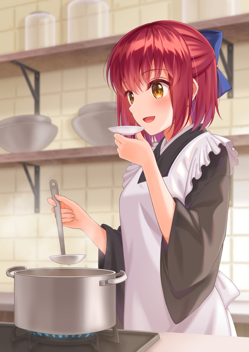 :d absurdres apron black_kimono blue_bow blurry blush bow brown_eyes cooking cooking_pot depth_of_field female frilled_apron frills hairbow hands_up highres holding holding_ladle indoors japanese_clothes kimono kitchen kohaku_(tsukihime) ladle looking_away maid matsuba_moco open_mouth plate red_hair shelf short_hair sidelocks smile solo standing steam stove tasting tasting_plate tile_wall tiles tsukihime wa_maid wide_sleeves