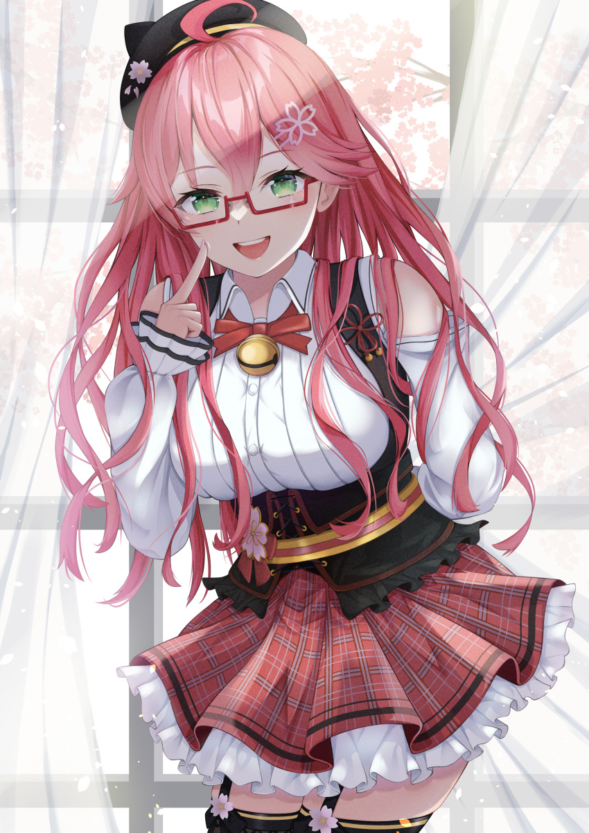 absurdres ahoge bell blush bow bowtie breasts dress female glasses green_eyes hair_between_eyes hair_ornament hairclip highres hololive large_breasts long_hair looking_at_viewer mira_bluesky3 off_shoulder official_alternate_costume open_mouth plaid plaid_dress sakura_miko sakura_miko_(casual) skirt smile solo thighhighs virtual_youtuber