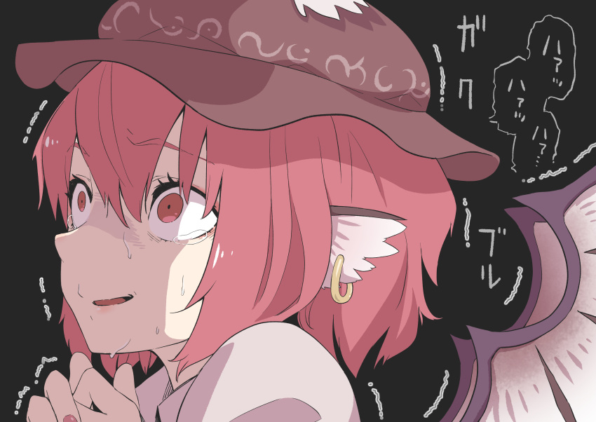 absurdres animal_ears bird_wings black_background brown_hat earrings feathered_wings female fingernails hair_between_eyes hat highres jewelry kawayabug mystia_lorelei nail_polish open_mouth pink_eyes pink_hair pink_nails scared short_hair simple_background single_earring solo touhou wings