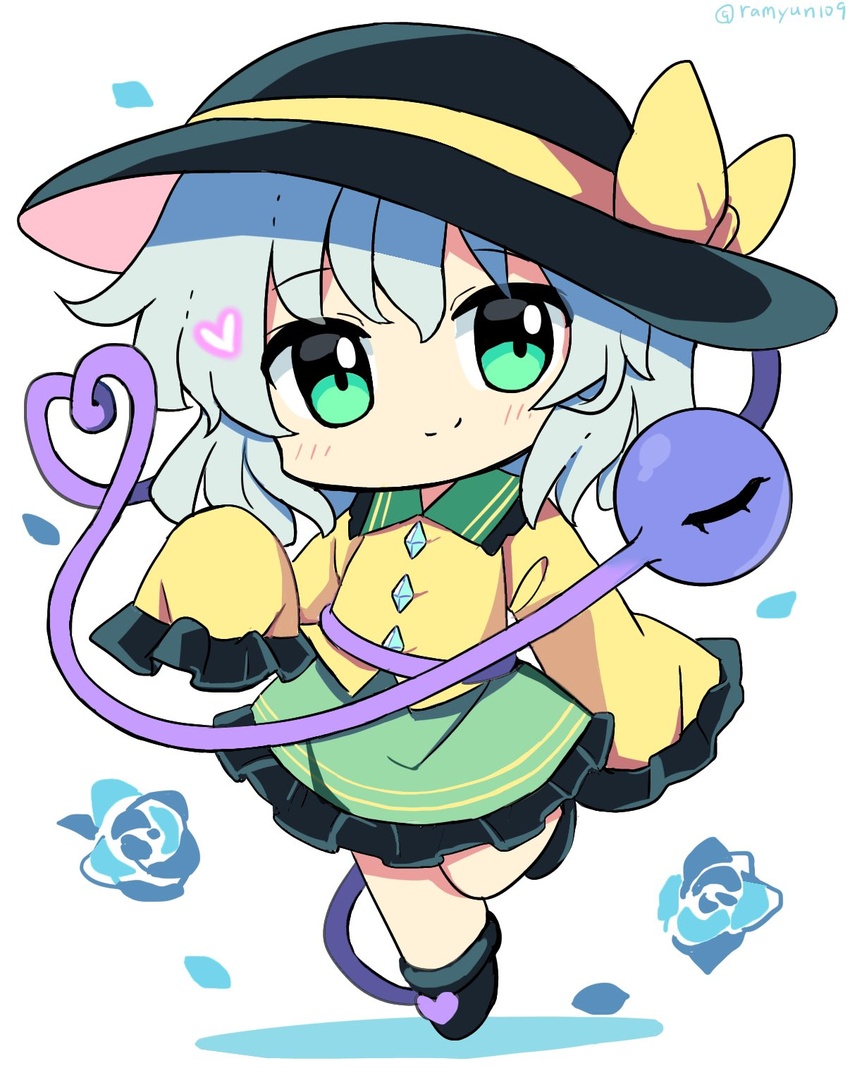 black_footwear black_hat blue_flower blue_rose blush boots buttons chibi collared_shirt diamond_button eyeball female flower frilled_shirt_collar frilled_sleeves frills full_body green_eyes green_hair green_skirt hat hat_ribbon heart heart_of_string highres komeiji_koishi long_sleeves ramudia_(lamyun) ribbon rose shirt skirt sleeves_past_fingers sleeves_past_wrists smile solo third_eye touhou twitter_username wavy_hair wide_sleeves yellow_ribbon yellow_shirt