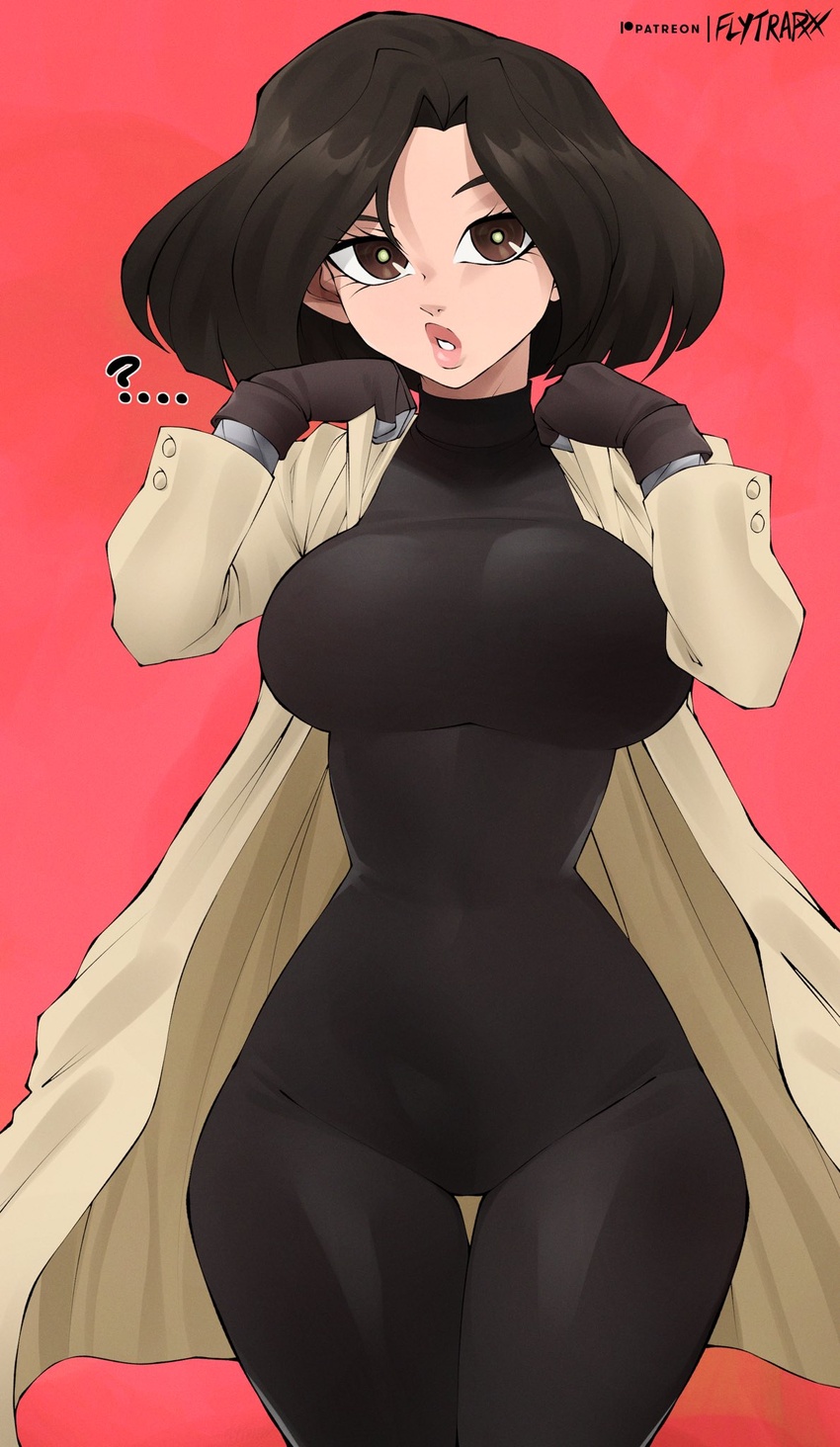 ... ? alita artist_name battle_angel_alita black_bodysuit black_gloves bodysuit breasts brown_eyes brown_hair cowboy_shot cyborg facial_mark female fingerless_gloves flytrapxx gloves highres joints large_breasts lips long_sleeves looking_at_viewer mechanical_arms narrow_waist patreon_logo patreon_username pink_background robot_joints short_hair skin_tight solo thigh_gap