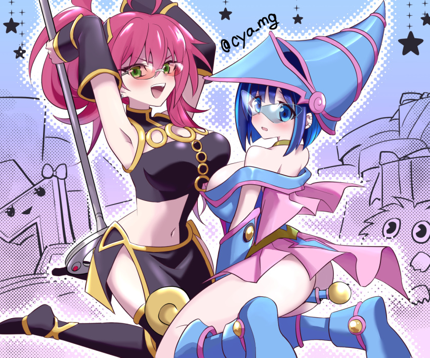 2girls ahoge armpits arms_up bare_shoulders between_legs blue-tinted_eyewear blue_eyes blue_footwear blue_hair breasts chaya_mago choker cosplay dark_magician_girl dark_magician_girl_(cosplay) detached_sleeves duel_monster evil_twin_ki-sikil evil_twin_lil-la glasses green_eyes hat ki-sikil_(yu-gi-oh!) kuriboh large_breasts lil-la_(yu-gi-oh!) md5_mismatch multiple_girls open_mouth pink-tinted_eyewear pink_hair ponytail resolution_mismatch sevens_road_witch sevens_road_witch_(cosplay) short_hair sleeveless source_larger staff sunglasses thighhighs tinted_eyewear witch_hat yu-gi-oh! yu-gi-oh!_sevens