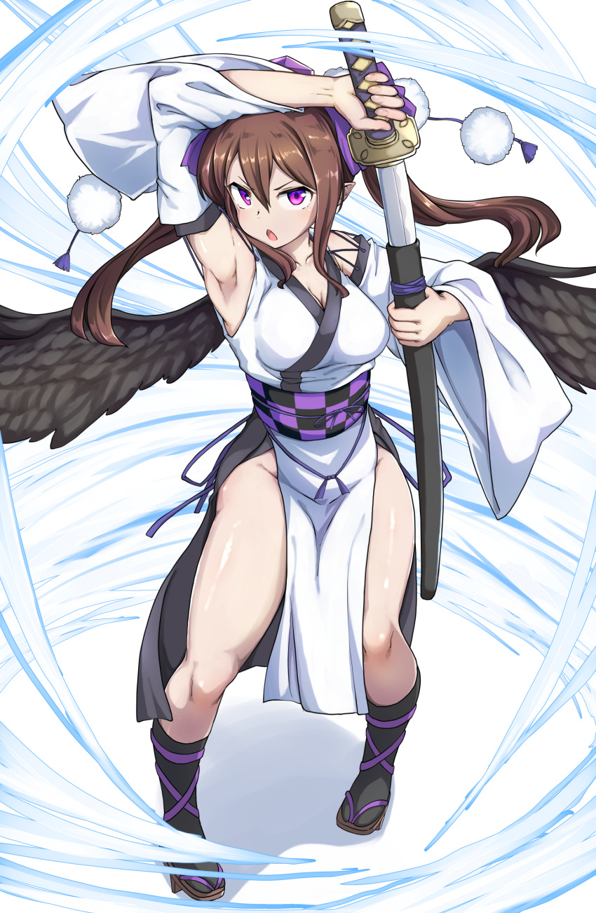 absurdres black_wings brown_hair checkered_sash feathered_wings female full_body geta hat highres himekaidou_hatate holding holding_sword holding_weapon katana kourindou_tengu_costume long_hair obi open_mouth pechimaru pom_pom_(clothes) purple_eyes sash scabbard sheath solo sword tengu-geta tokin_hat touhou twintails unsheathing weapon wide_sleeves wings