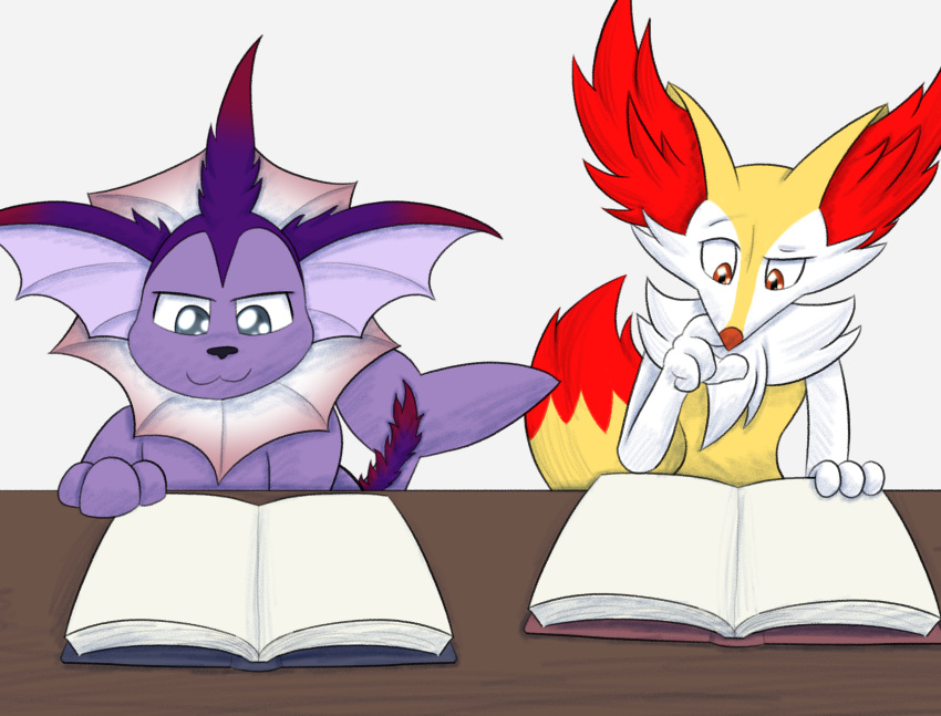 :3 book braixen castor_the_vaporeon duo english_text fan_character female furniture generation_6_pokemon hi_res hmm male nintendo padrok paws pokemon pokemon_(species) pondering profanity scottderg studying table text thinking