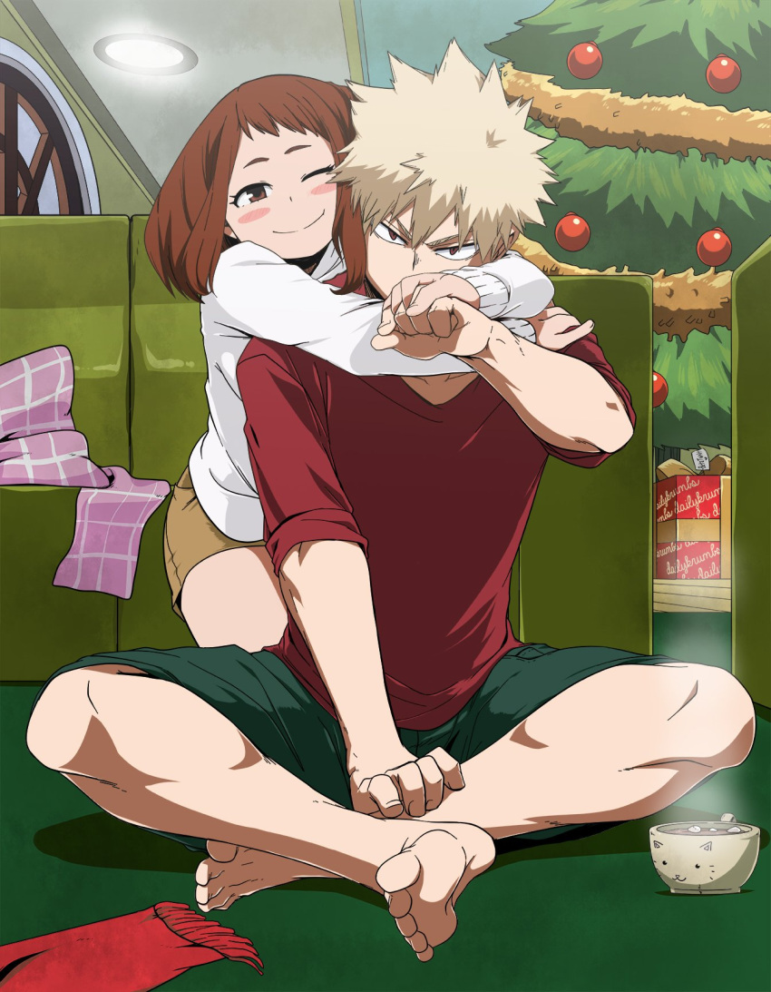 1boy bakugou_katsuki barefoot blonde_hair blush_stickers boku_no_hero_academia brown_hair christmas christmas_tree closed_mouth commentary couch couple english_commentary eyelashes female green_shorts highres hug hug_from_behind indian_style indoors krumbs_(dailykrumbs) looking_at_viewer one_eye_closed red_shirt scarf shirt short_sleeves shorts sitting smile soles spiked_hair straight t-shirt toes unworn_scarf uraraka_ochako