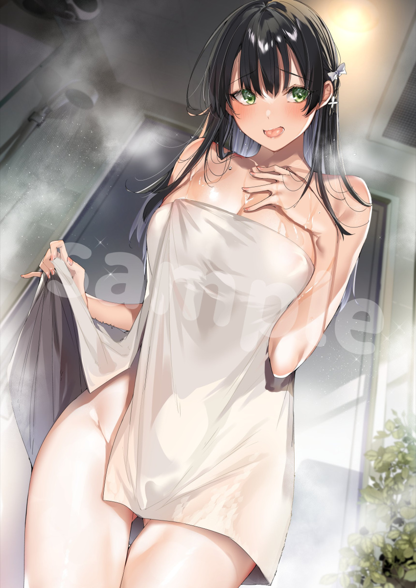 absurdres ass_visible_through_thighs black_hair blush bow braid breasts clothes_lift cowboy_shot female furrowed_brow green_eyes groin hairbow hand_on_own_chest hand_up highres hitotsuba_kaede indoors kakao_(chocolate_land) large_breasts long_hair looking_to_the_side naked_towel open_mouth ryoushin_no_shakkin sample_watermark shower_head sideways_glance solo standing steam teeth thighs towel towel_lift watermark wet white_bow