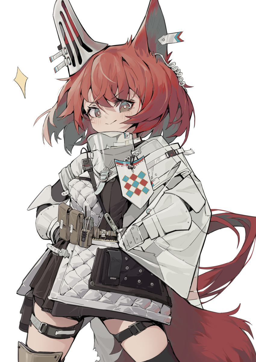 :> absurdres animal_ears arknights armor black_thighhighs blush brown_eyes cowboy_shot ear_ornament earpiece female flametail_(arknights) gambeson highres iyasu_shikaku jacket long_sleeves medium_hair pouch red_hair simple_background solo sparkle squirrel_ears squirrel_girl squirrel_tail tail thigh_strap thighhighs white_background white_jacket