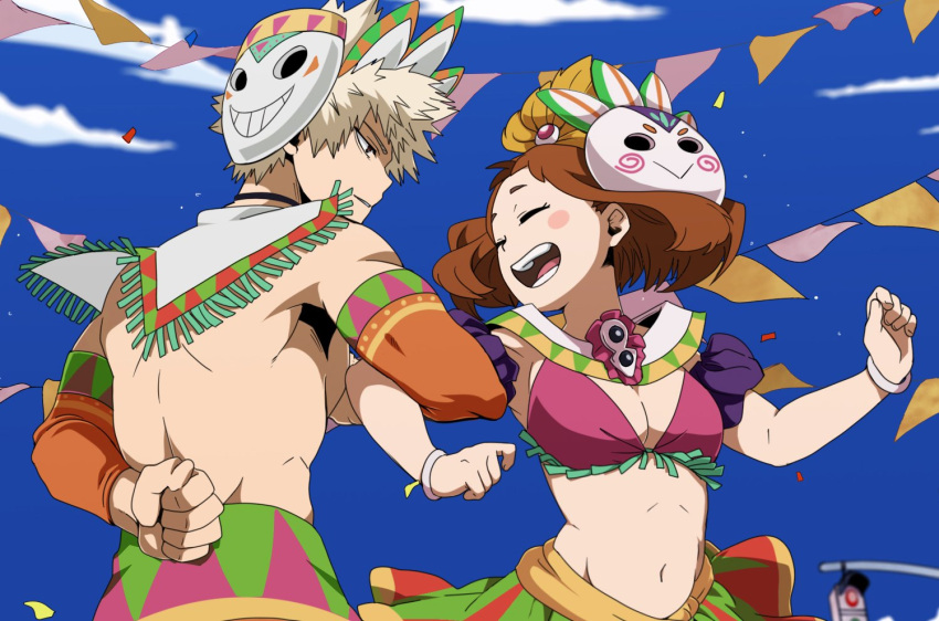 1boy alternate_costume arm_behind_back bakugou_katsuki blonde_hair blush_stickers boku_no_hero_academia bracelet breasts brown_hair cleavage closed_eyes cloud commentary day english_commentary female floating_hair jewelry krumbs_(dailykrumbs) locked_arms mask mask_on_head navel open_mouth outdoors parted_lips sky smile spiked_hair teeth tongue uraraka_ochako