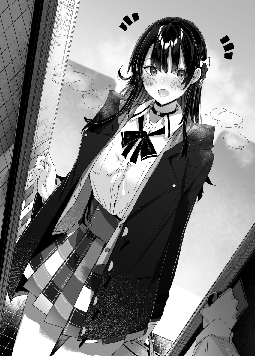 1other absurdres arm_behind_back bow braid buttons choker coat collared_shirt cowboy_shot eyes_visible_through_hair female greyscale hair_behind_ear hairbow hand_up high-waist_skirt highres hitotsuba_kaede kakao_(chocolate_land) long_hair looking_at_viewer monochrome neck_ribbon o-ring o-ring_choker open_clothes open_coat open_mouth opening_door plaid plaid_skirt pleated_skirt pov ribbon ryoushin_no_shakkin school_uniform shirt shirt_tucked_in skirt solo_focus standing