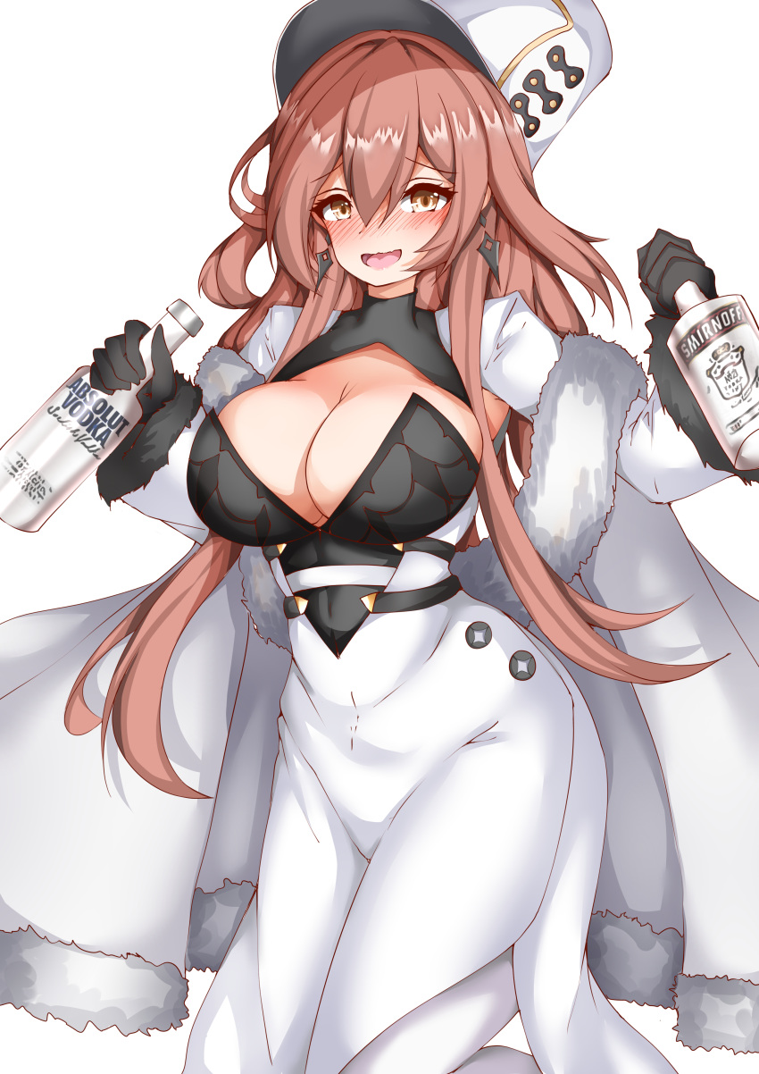 absolut_vodka absurdres alcohol azur_lane bad_id bad_pixiv_id black_gloves blush bottle breasts cleavage coat coat_dress drunk female framed_breasts gloves highres holding holding_bottle large_breasts long_hair looking_at_viewer okine_(okine691) orange_hair product_placement simple_background smirnoff_(vodka) solo standing vodka volga_(azur_lane) white_background white_coat