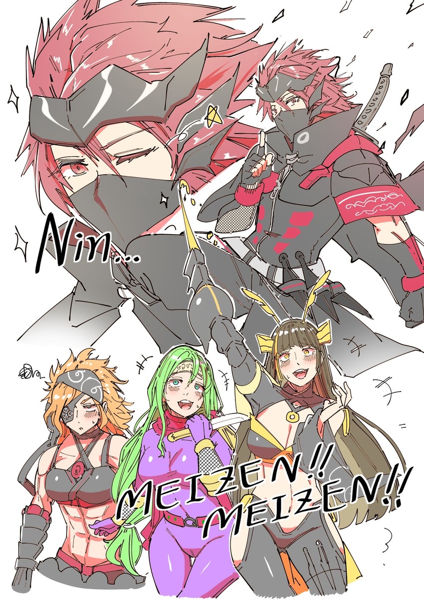 1boy 3girls abs aoi_takeru bandana bare_shoulders belt blush bodysuit breasts brown_hair character_name cleavage clothing_cutout crop_top duel_monster eyepatch fake_antennae fingerless_gloves forehead_protector gloves green_hair hair_ornament highres holding holding_knife jacket kagero_the_cannon_ninja knife lady_ninja_yae long_hair long_sleeves maid_headdress mask medium_hair meizen_the_battle_ninja messy_hair midriff mitsu_the_insect_ninja mouth_mask multiple_girls muscular muscular_female ninja_mask one_eye_closed open_clothes open_jacket open_mouth orange_hair purple_bodysuit red_hair short_sleeves single_bare_shoulder stomach sword sword_on_back thigh_cutout weapon weapon_on_back wide_sleeves yu-gi-oh!