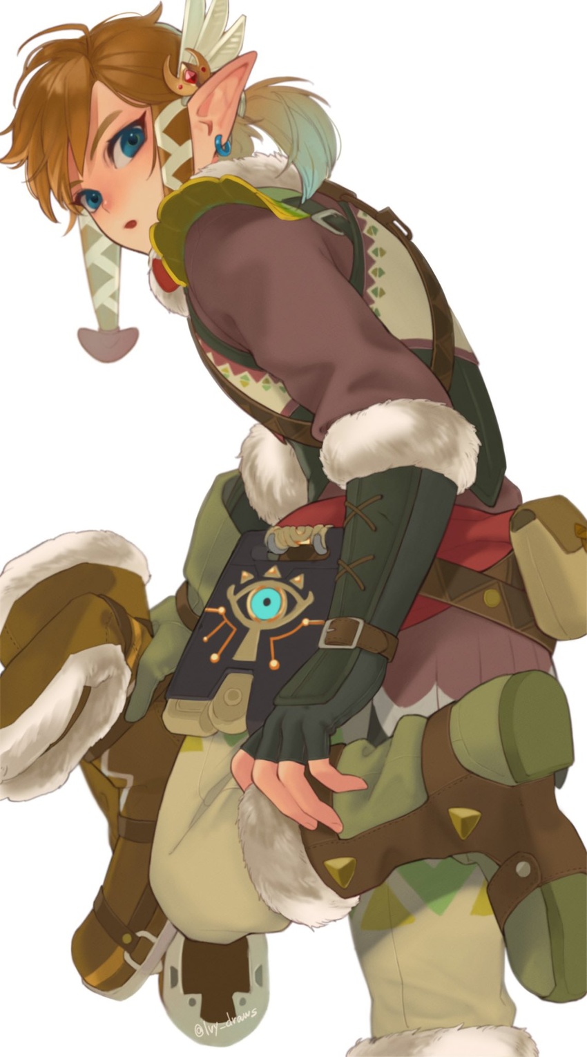 1boy blonde_hair blue_eyes blush boots earrings feathers fingerless_gloves foot_up from_behind fur_trim gloves hair_ornament highres holding ivy_(sena0119) jewelry link looking_at_viewer looking_back male_focus medium_hair pants pointy_ears sheikah_slate snowquill_set_(zelda) solo the_legend_of_zelda the_legend_of_zelda:_breath_of_the_wild