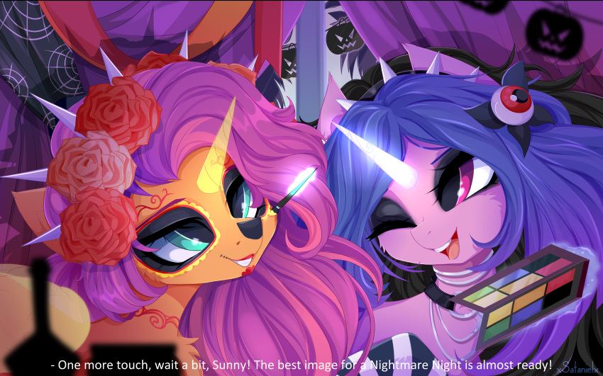 16:10 2022 absurd_res accessory alicorn blue_hair brush chest_tuft dialogue digital_media_(artwork) duo english_text equid equine eyelashes female feral flower flower_in_hair folded_wings fur glowing glowing_horn hair hair_accessory halloween hasbro hi_res holidays horn izzy_moonbow_(mlp) long_hair magic makeup mammal mlp_g5 my_little_pony mythological_creature mythological_equine mythology one_eye_closed orange_body orange_fur paintbrush pink_hair plant purple_body purple_fur smile spikes sunny_starscout_(mlp) text tuft unicorn widescreen wings xsatanielx