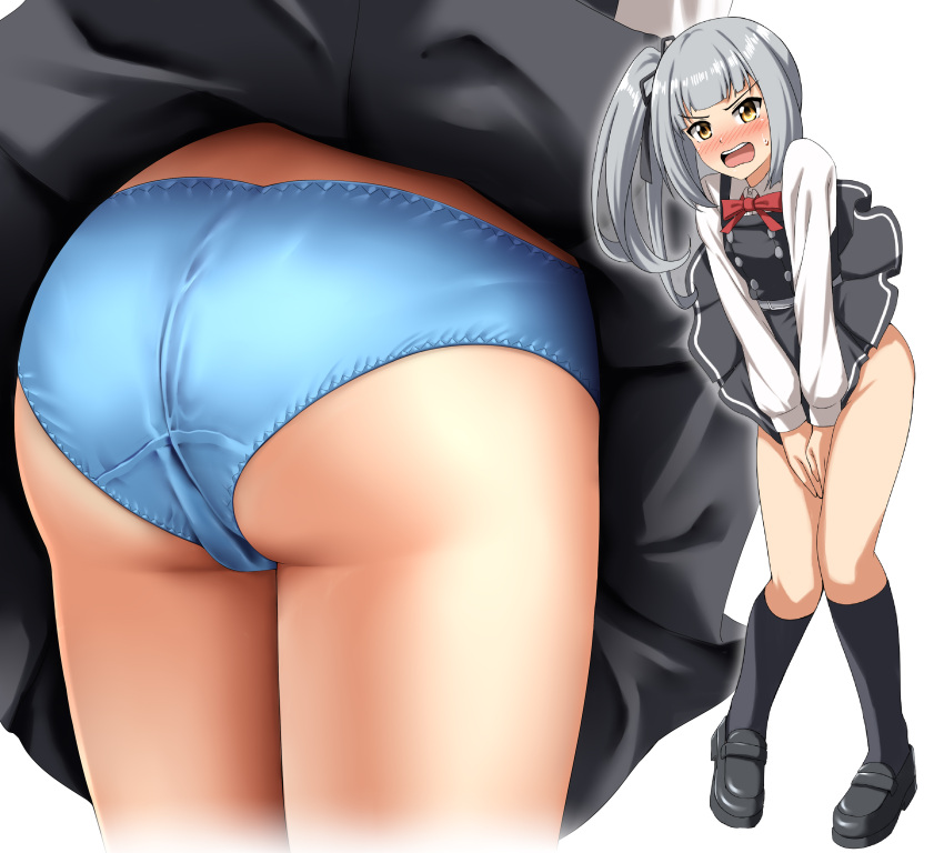 absurdres ass ass_focus black_footwear black_ribbon black_socks blue_panties blush collared_shirt commentary_request covering_crotch covering_privates dress dress_shirt female from_behind full_body grey_hair hair_ribbon highres kantai_collection kasumi_(kancolle) kasumi_kai_ni_(kancolle) loafers long_hair long_sleeves looking_at_viewer mtu_virus multiple_views neck_ribbon nose_blush open_mouth panties pinafore_dress red_ribbon ribbon round_teeth satin satin_panties shirt shoes side_ponytail simple_background sleeveless sleeveless_dress socks teeth underwear upper_teeth_only v_arms variant_set white_background white_shirt yellow_eyes zanntetu