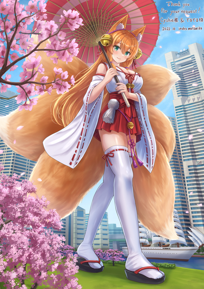 absurdres animal_ear_fluff animal_ears artist_name bare_shoulders black_footwear blue_sky branch breasts cleavage closed_mouth cloud commentary_request commission dated day detached_sleeves female flower fox_ears fox_girl fox_tail giant giantess green_eyes hair_between_eyes hakama hakama_short_skirt hakama_skirt highres holding holding_umbrella iroha_(iroha_matsurika) japanese_clothes kimono kitsune large_breasts long_sleeves looking_at_viewer nontraditional_miko oil-paper_umbrella orange_hair original outdoors petals pink_flower pixiv_commission pleated_skirt red_skirt red_umbrella ribbon-trimmed_sleeves ribbon-trimmed_thighhighs ribbon_trim river sandals skirt sky sleeveless sleeveless_kimono smile solo tail thank_you thighhighs umbrella water white_kimono white_sleeves white_thighhighs wide_sleeves zouri