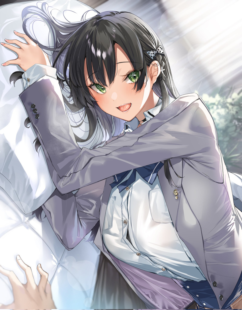 1other black_hair blazer blue_bow blue_bowtie bow bowtie braid breasts button_gap buttons collared_shirt commentary_request curtains eyes_visible_through_hair female green_eyes hairbow heart heart_print highres hitotsuba_kaede indoors jacket kakao_(chocolate_land) large_breasts long_hair long_sleeves looking_at_viewer lying novel_illustration official_art on_bed on_side open_clothes open_jacket open_mouth out_of_frame pillow pov ryoushin_no_shakkin school_uniform shirt solo_focus white_bow white_shirt