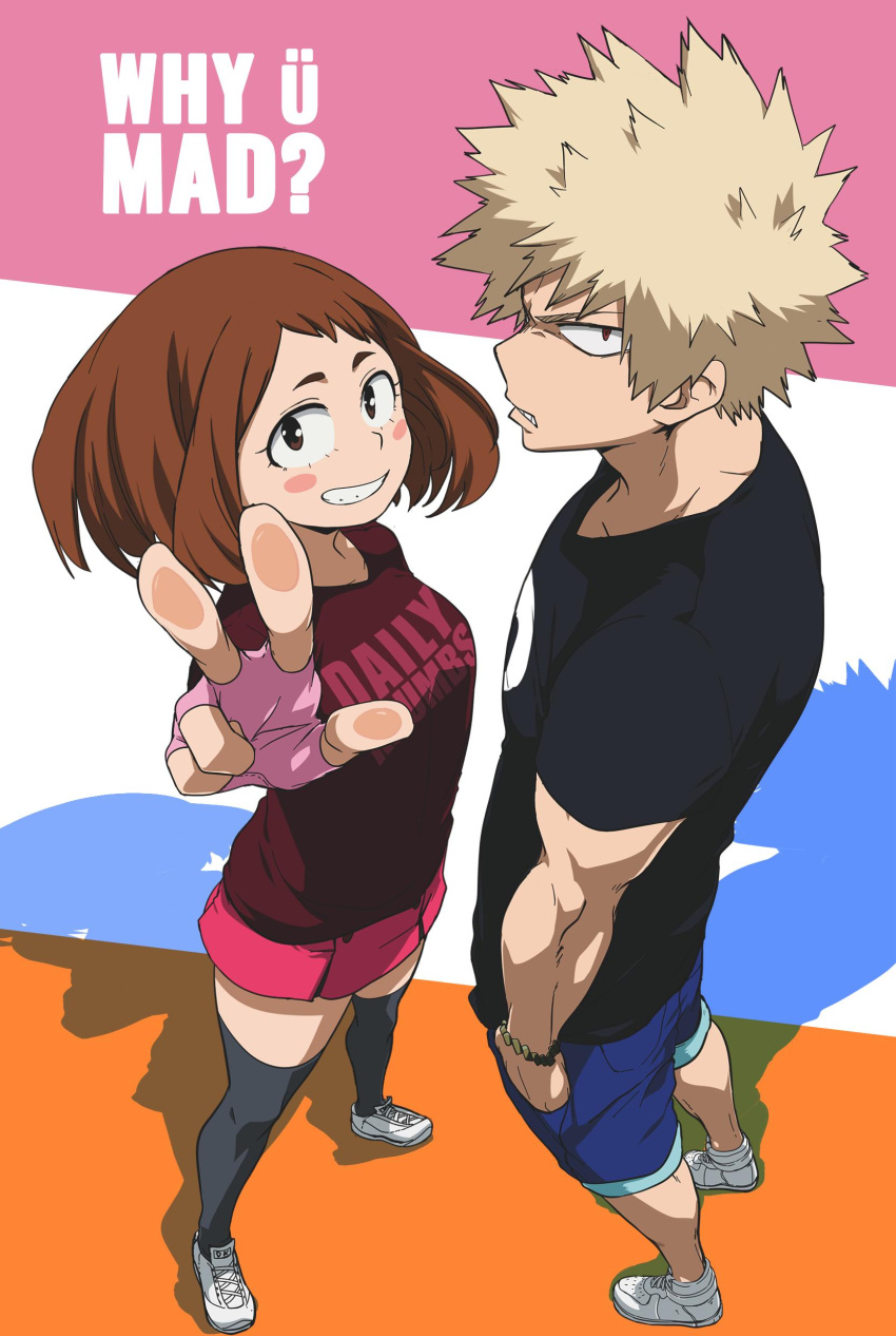 1boy absurdres artist_name bakugou_katsuki bead_bracelet beads black_legwear black_shirt blonde_hair blue_shorts blush_stickers boku_no_hero_academia bracelet brown_eyes brown_hair commentary eyelashes female fingerless_gloves gloves highres jewelry krumbs_(dailykrumbs) looking_at_viewer parted_lips pink_gloves pink_skirt shirt shoes short_sleeves shorts skirt smile spiked_hair t-shirt thighhighs uraraka_ochako w