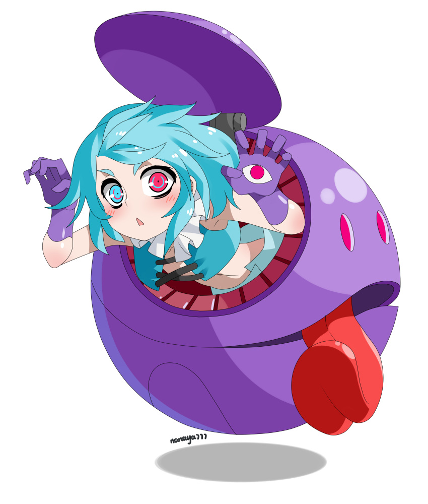 absurdres artist_name blue_eyes blue_hair commentary cross-laced_clothes female full_body gloves gundam haro heterochromia highres mecha_musume nanaya777 navel open_mouth purple_gloves red_eyes short_hair simple_background solo tatara_kogasa tongue tongue_out touhou triangle_mouth white_background