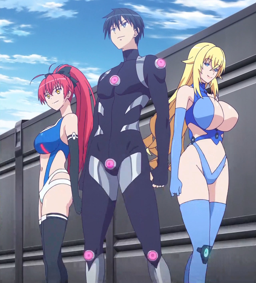 1boy 2girls anime_screenshot antenna_hair bare_shoulders black_bow black_gloves black_hair black_legwear blonde_hair blue_eyes blue_gloves blue_legwear bodysuit boots bow breasts center_opening cleavage clenched_hand closed_mouth cloud day elbow_gloves fingerless_gloves from_side gloves glowing groin hair_between_eyes hair_flaps hairbow half-closed_eyes halterneck hida_kizuna high_ponytail highleg highleg_leotard highres hip_focus jpeg_artifacts large_breasts legs_apart leotard light_smile lipstick long_hair looking_afar looking_at_viewer looking_back makeup masou_gakuen_hxh multiple_girls navel neon_trim outdoors ponytail red_hair revealing_clothes scarlett_fairchild short_hair sidelocks sky smile standing thigh_boots thighhighs turtleneck very_long_hair wavy_hair yellow_eyes yurishia_farandole