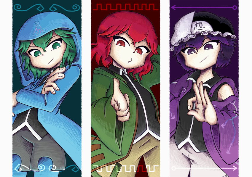 3others androgynous black_hair blue_coat chikafumikou coat commentary_request finger_gun frilled_hat frills green_coat green_eyes green_hair hat hood hooded_jacket hoodie jacket len'en multiple_others necktie other_focus purple_eyes red_eyes red_hair shitodo_aoji shitodo_hooaka shitodo_kuroji short_hair siblings smile triangular_headpiece