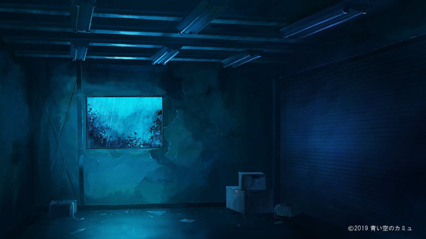 blue_theme box broken broken_glass camus_in_the_blue_sky commentary_request garage glass highres indoors kyarage_(soda) night no_humans official_art rain scenery watermark window