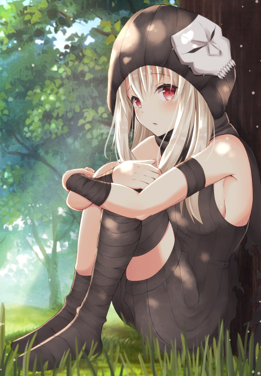 absurdres asymmetrical_legwear bare_shoulders black_jumpsuit black_legwear black_scarf blush breasts commentary_request cosplay day fate/kaleid_liner_prisma_illya fate_(series) female grass hair_between_eyes hassan_of_the_cursed_arm_(fate) hassan_of_the_cursed_arm_(fate)_(cosplay) highres hood hood_up hugging_own_legs illyasviel_von_einzbern jumpsuit knees_up light_brown_hair long_hair looking_at_viewer mask mask_on_head no_shoes on_grass outdoors parted_lips red_eyes ribbed_jumpsuit scarf short_jumpsuit single_sock single_thighhigh sitting skull_mask sleeveless_jumpsuit small_breasts socks solo thighhighs tree uneven_legwear yuzuzukushi