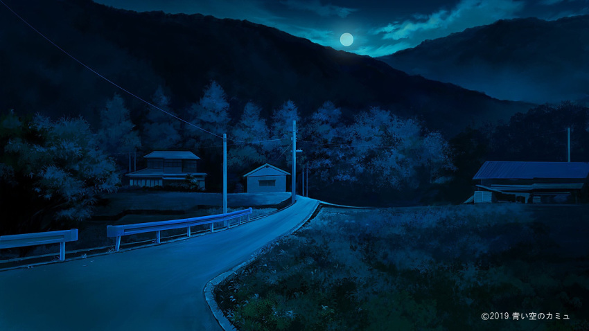 blue_theme building camus_in_the_blue_sky cloud commentary_request full_moon grass highres kyarage_(soda) moon night no_humans official_art outdoors power_lines road scenery tree watermark