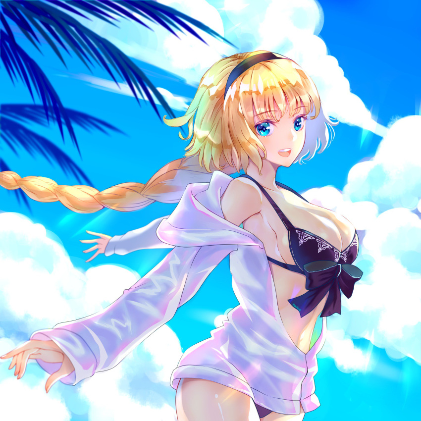 bikini black_bikini blonde_hair blue_eyes braid cloud cloudy_sky commentary_request cowboy_shot day fate/grand_order fate_(series) female front-tie_bikini_top front-tie_top hairband highres hood hoodie jeanne_d'arc_(fate) jeanne_d'arc_(swimsuit_archer)_(fate) jeanne_d'arc_(swimsuit_archer)_(first_ascension)_(fate) long_hair natsujiru outdoors palm_tree single_braid sky swimsuit tree