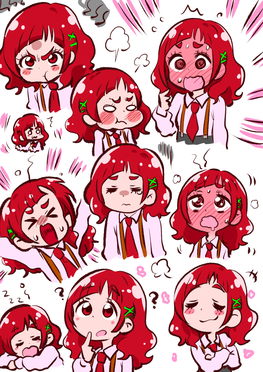 >_< :3 :d ? absurdres angry blush blush_stickers commentary_request crossed_arms drooling expressions female full-face_blush hair_ornament highres hugtto!_precure l'avenir_academy_school_uniform long_hair long_sleeves mouth_drool multiple_views necktie nono_hana o_o open_mouth pink_eyes pink_hair pink_shirt pointing pointing_at_self pout precure school_uniform shirt sleeping smile smug suspenders sweatdrop tankobukids tearing_up thinking wavy_mouth x_hair_ornament