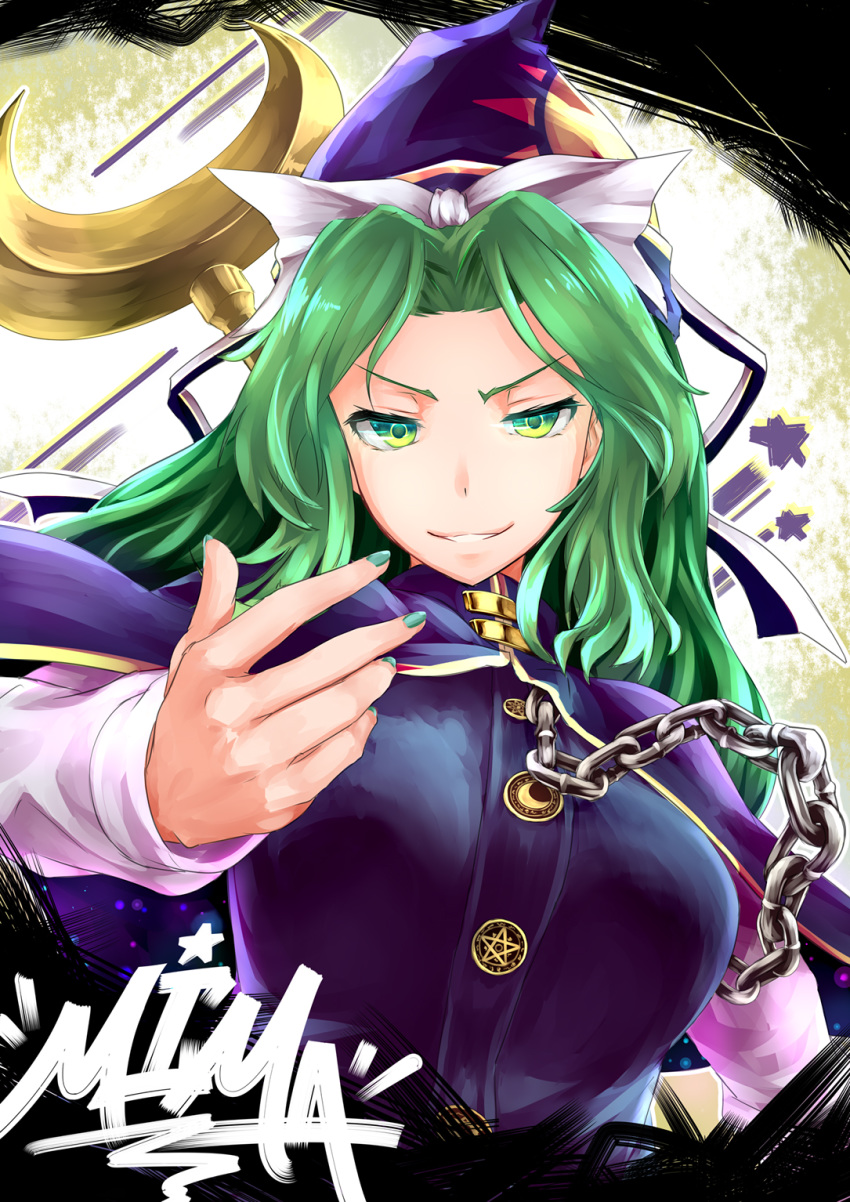 abstract_background arm_up bad_id bad_pixiv_id blue_cape blue_vest breasts cape chains character_name commentary_request crescent evil_grin evil_smile female fingernails gradient_background green_eyes green_hair green_nails grin hat highres kamiya_ueshi large_breasts long_hair long_sleeves looking_at_viewer mima_(touhou) nail_polish open_hand pentagram shirt smile solo space_print staff standing starry_sky_print touhou touhou_(pc-98) tsurime upper_body vest white_shirt wizard_hat