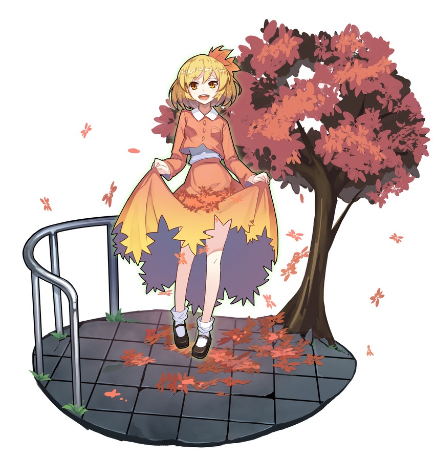 :d absurdres aki_shizuha autumn_leaves blonde_hair commentary_request female fps full_body glowing hair_ornament highres leaf_hair_ornament long_sleeves looking_at_viewer mary_janes open_mouth orange_eyes orange_skirt orange_vest photoshop_(medium) railing shoes short_hair simple_background skirt skirt_basket skirt_hold skirt_set smile solo tile_floor tiles touhou tree vest white_background