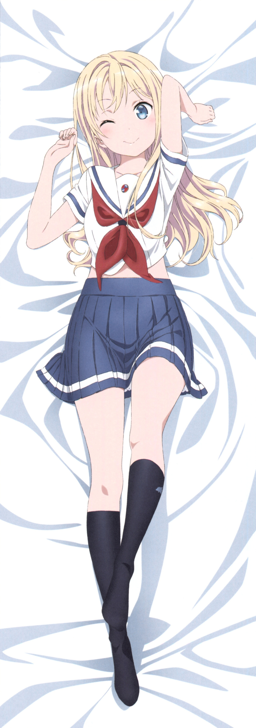 ;) absurdres bed_sheet black_socks blonde_hair blue_eyes blue_skirt dakimakura_(medium) female from_above full_body head_tilt high_school_fleet highres kneehighs long_hair lying miniskirt nakamura_naoto neckerchief official_art on_back one_eye_closed pleated_skirt red_neckerchief school_uniform serafuku shirt short_sleeves skirt smile socks solo white_shirt wilhelmina_braunschweig_ingenohl_friedeburg yokosuka_girls_marine_high_school_uniform