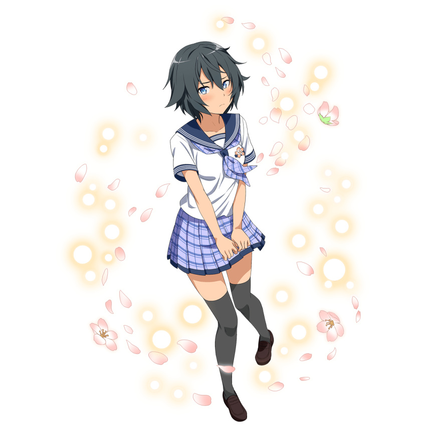 bad_id black_hair blue_eyes blue_sailor_collar blue_skirt blush brown_footwear female full_body grey_thighhighs hair_between_eyes highres loafers looking_at_viewer miniskirt neckerchief official_art philia_(sao) philia_(sao-alo) plaid plaid_skirt pleated_skirt sailor_collar school_uniform serafuku shirt shoes short_hair short_sleeves skirt solo standing sword_art_online thighhighs transparent_background white_shirt zettai_ryouiki