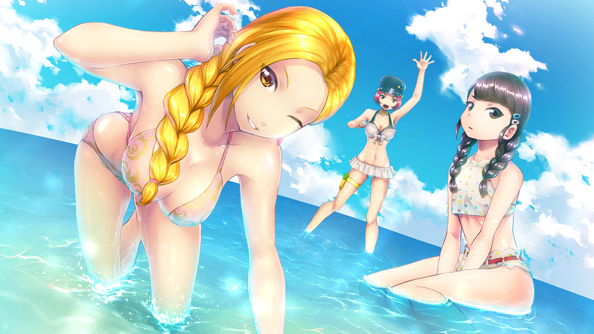 3girls :d :o ;) all_fours bikini black_eyes black_hair blonde_hair braid breasts cleavage cloud commentary_request day dutch_angle expressionless flat_chest frilled_bikini frills grin hair_ornament hair_over_shoulder hairclip hat heart heart_print highres holster large_breasts long_hair looking_at_viewer multiple_girls navel ocean one_eye_closed open_mouth origami_akara origami_hina origami_koori outdoors partially_submerged peaked_cap photoshop_(medium) red_eyes red_hair school_girl_strikers shallow_water short_hair single_braid sitting sky smile standing swimsuit thigh_holster twin_braids wading wariza water water_gun waving yellow_eyes yuuki1103