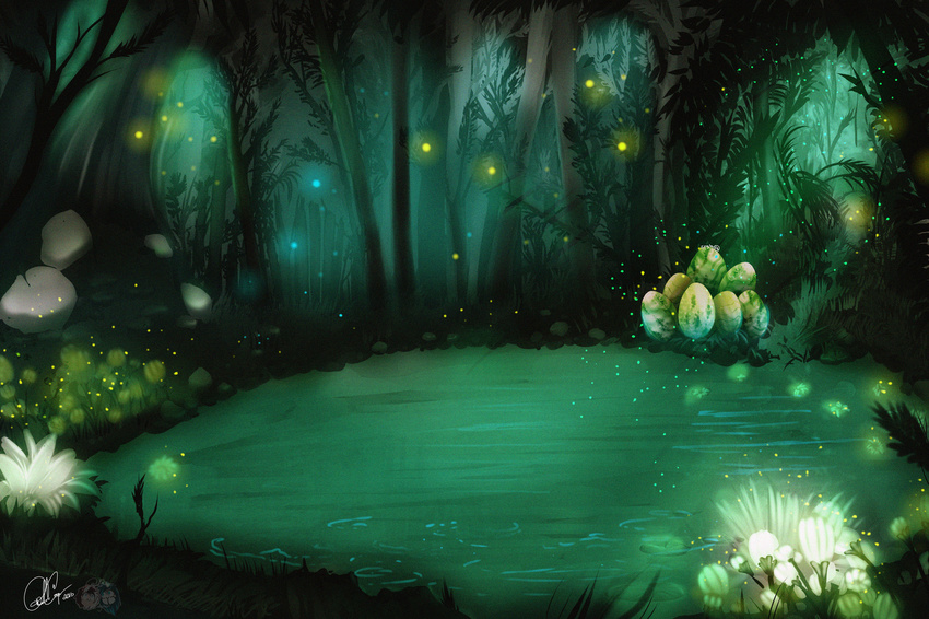 ambient_arthropod ambient_firefly ambient_insect arthropod avoid_posting beetle detailed detailed_background dragon_eggs egg elateroid firefly flower forest green_theme insects lagoon landscape nature night outside plant signature swamp tree water zingiber