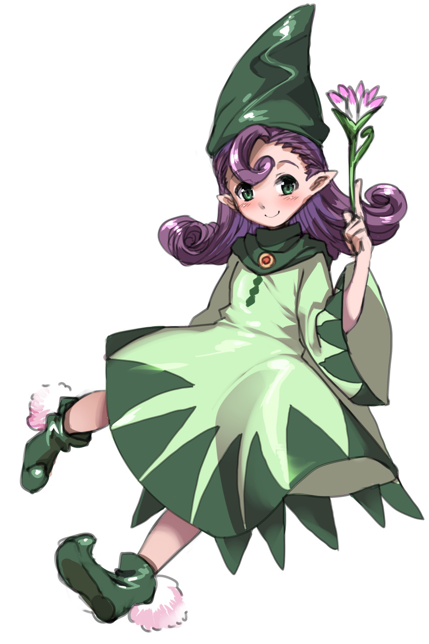 absurdres blush boots cape chrono_cross closed_mouth commentary_request dress female flipped_hair flower full_body green_cape green_dress green_eyes green_footwear green_hat harigane_shinshi hat highres holding holding_flower long_hair long_sleeves looking_at_viewer pink_flower pointy_ears pointy_footwear purple_hair razzly_(chrono_cross) shoes simple_background smile solo white_background white_flower wide_sleeves