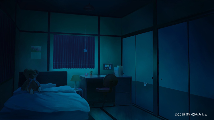 bed blue_theme book bulletin_board calendar_(object) camus_in_the_blue_sky chair clock commentary_request curtains desk door highres indoors kyarage_(soda) lamp night nightstand no_humans official_art pillow plant potted_plant scenery stick stuffed_animal stuffed_toy teddy_bear watermark window