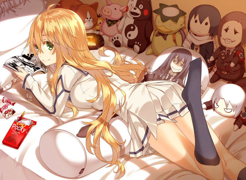 ass back bad_id bad_pixiv_id bed black_socks blonde_hair book breasts candy dakimakura_(object) dies_irae female food fujii_ren green_eyes handheld_game_console kappa kimura_(ykimu) kneehighs looking_at_viewer looking_back lying marie_(dies_irae) medium_breasts mercurius_(dies_irae) on_stomach open_book photoshop_(medium) pillow playstation_portable pocky rot_spinne shinza_bansho_series smile socks solo stuffed_animal stuffed_toy teddy_bear wilhelm_ehrenburg