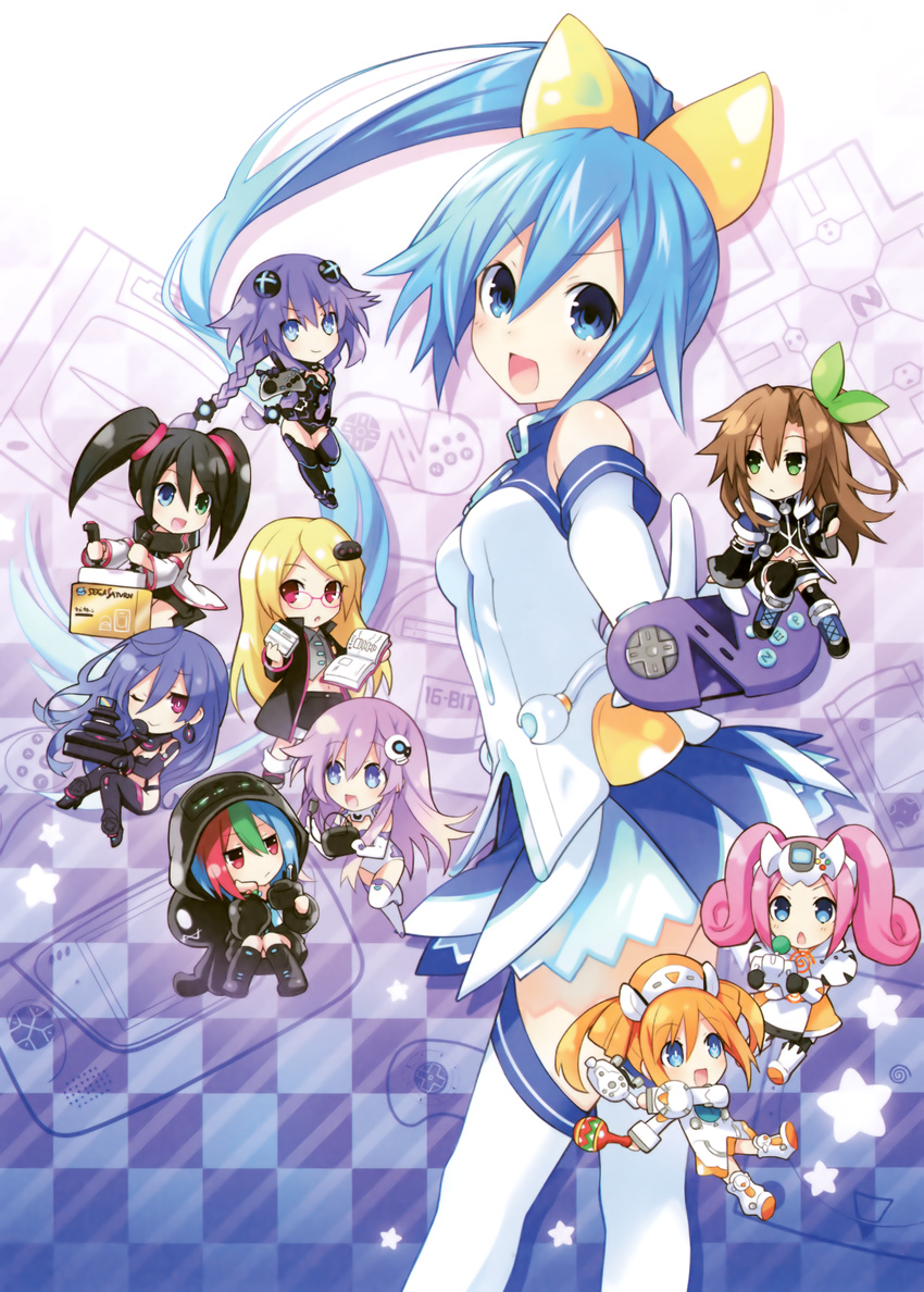 6+girls absurdres bare_shoulders black_hair blonde_hair blue_eyes blue_hair blush bodysuit book boots braid breasts brown_hair chibi choujigen_taisen_neptune_vs_sega_hard_girls earrings game_cg gloves green_eyes hair_between_eyes hair_ornament heterochromia highres holding holding_book if_(neptunia) iris_heart jewelry long_hair medium_breasts multiple_girls nepgear neptune_(series) official_art open_mouth orange_hair orange_heart_(neptunia) pink_hair ponytail power_symbol power_symbol-shaped_pupils purple_eyes purple_hair purple_heart_(neptunia) purple_sister red_eyes sega_dreamcast_(sega_hard_girls) sega_game_gear_(sega_hard_girls) sega_hard_girls sega_hatsumi sega_mega_drive_(sega_hard_girls) sega_saturn_(sega_hard_girls) simple_background sitting skirt small_breasts smile standing symbol-shaped_pupils thigh_boots thighhighs thighs tied_hair tsunako twin_braids twintails very_long_hair zettai_ryouiki