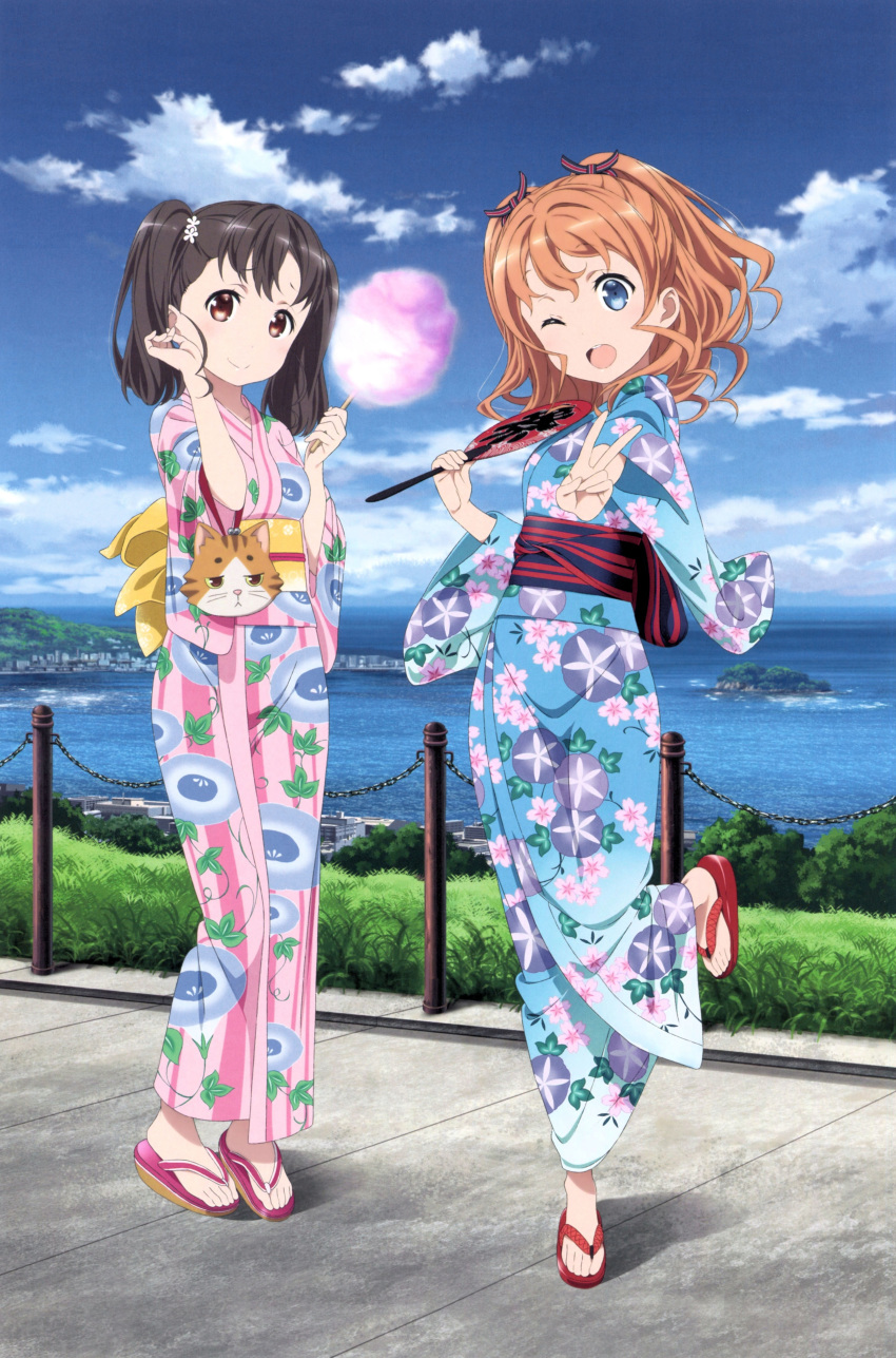 2girls ;d absurdres black_hair blue_eyes blue_sky brown_hair cloud cotton_candy day full_body hair_ornament hair_ribbon hand_fan high_school_fleet highres holding holding_fan japanese_clothes kimono leg_up long_hair looking_at_viewer multiple_girls nakamura_naoto obi ocean official_art one_eye_closed open_mouth outdoors paper_fan print_kimono ribbon sandals sash shiretoko_rin sky smile standing standing_on_one_leg summer_festival twintails uchiwa yanagiwara_maron yukata zouri