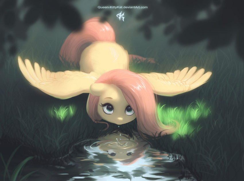 2018 digital_media_(artwork) drinking equid equine feathered_wings feathers female feral fluttershy_(mlp) friendship_is_magic front_view grass hair half-length_portrait hasbro hi_res high-angle_view katputze long_hair looking_at_viewer looking_up mammal my_little_pony mythological_creature mythological_equine mythology outside pegasus plant pond portrait reflection solo spread_wings text url water wings